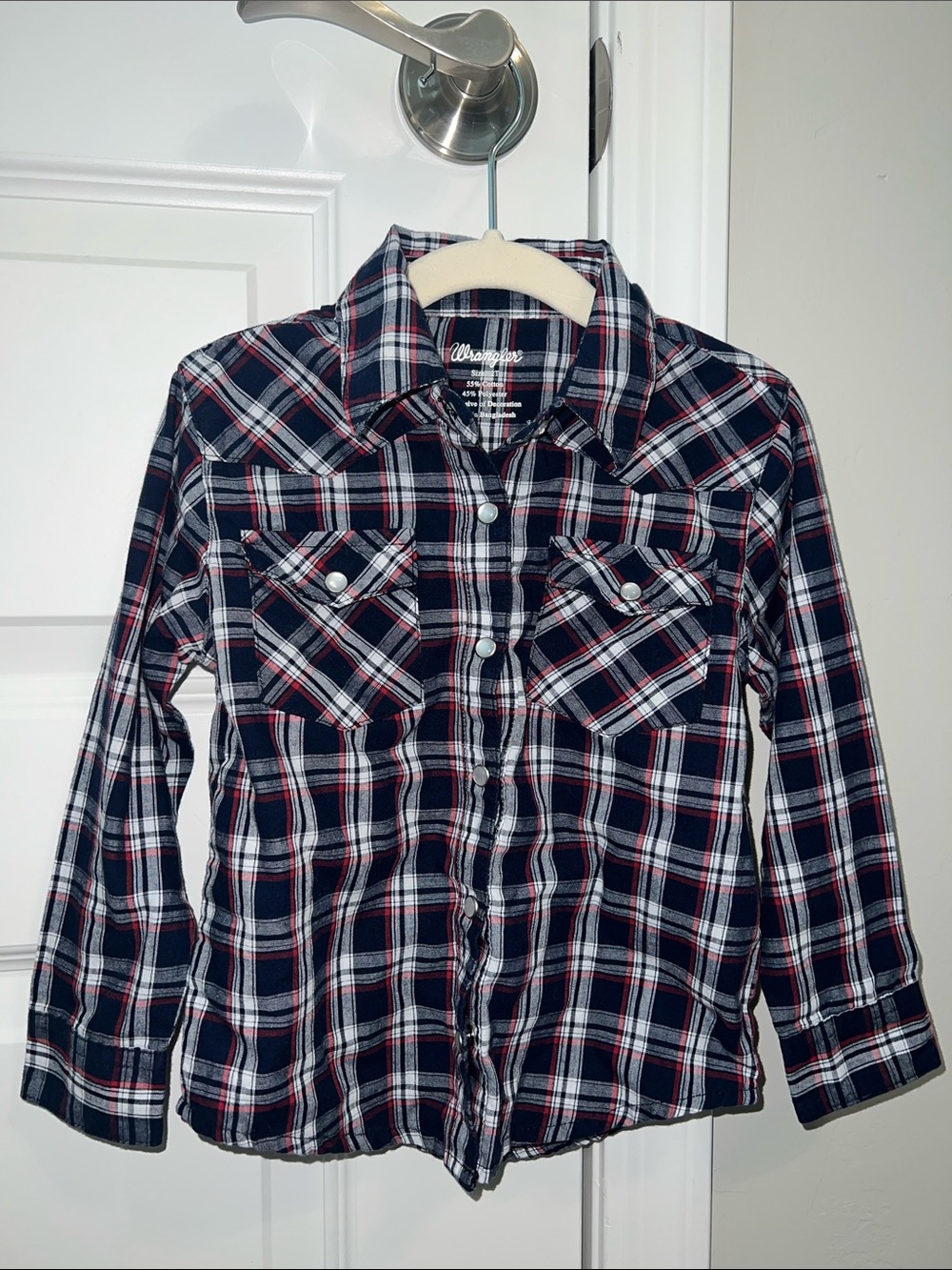 Wrangler Navy Red White Plaid Western Snap Shirt